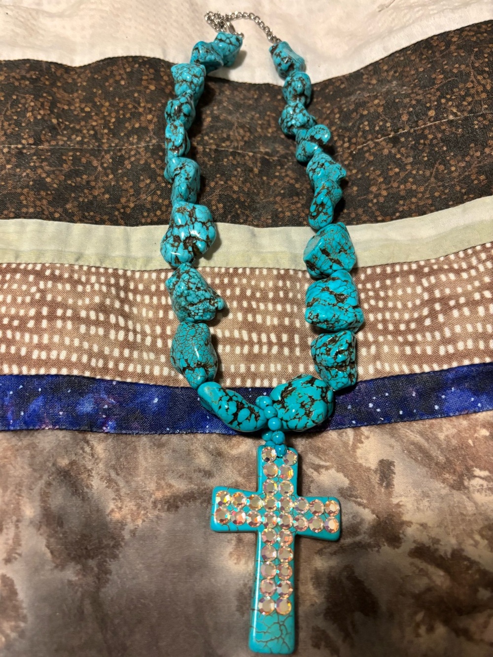 Turquoise Stone Necklace with Rhinestone Cross Pendant